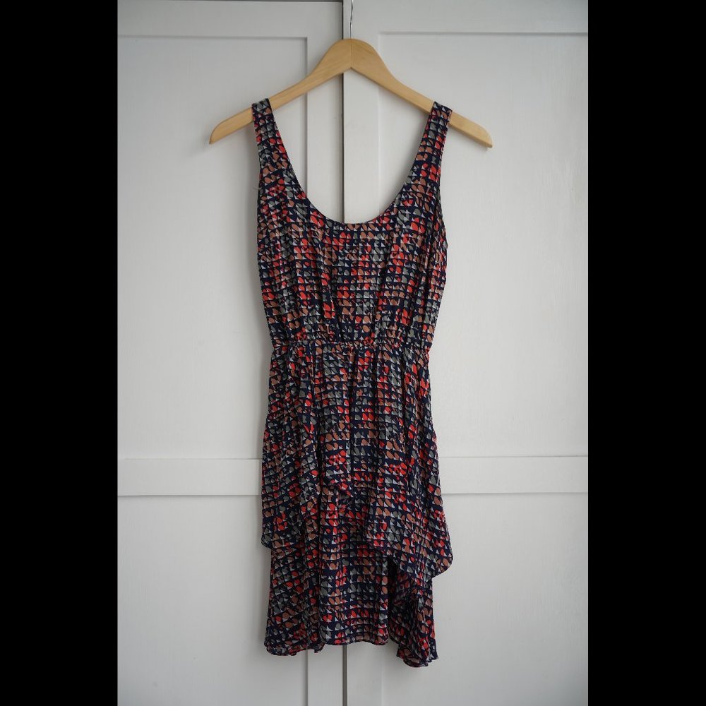 EUC Waverly Grey Abstract Tiered Button-Back Sundress, Multi, 2